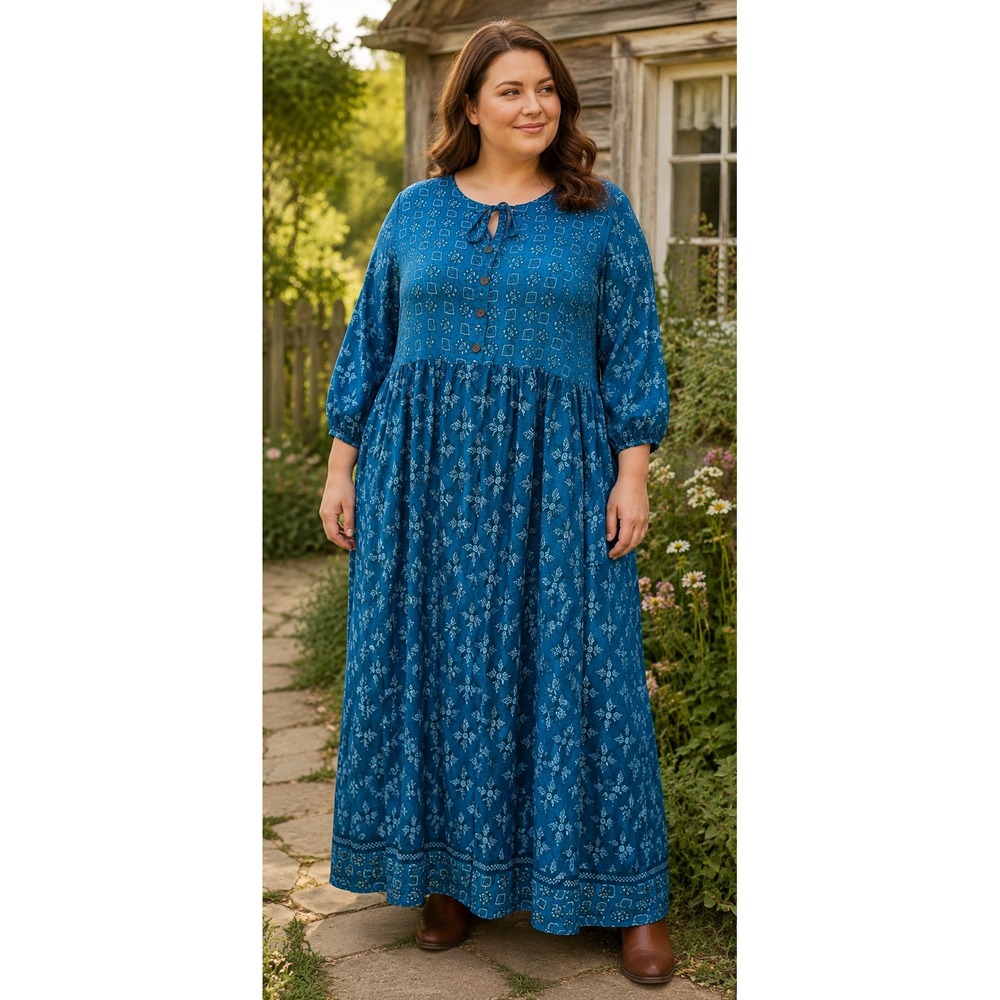 506. Boho Cottagecore Block Print Midi Dress 3/4 Sleeve Empire Waist